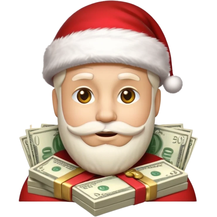 A confident rich emoji face wearing a Santa hat, money stacks, casino vibe, New Year theme, premium 3D emoji style, sharp details, no text, isolated on transparent background emoji
