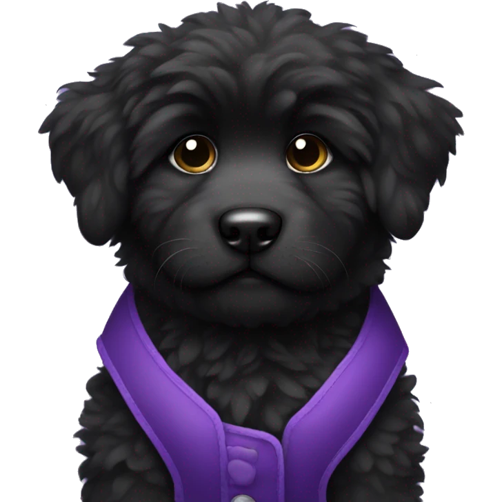 solid black fluffy puppy wearing a purple vest emoji