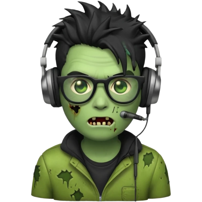make a zombie iphone emoji with black  glasses, scratches black spiky hair and headphone, green skin
 emoji