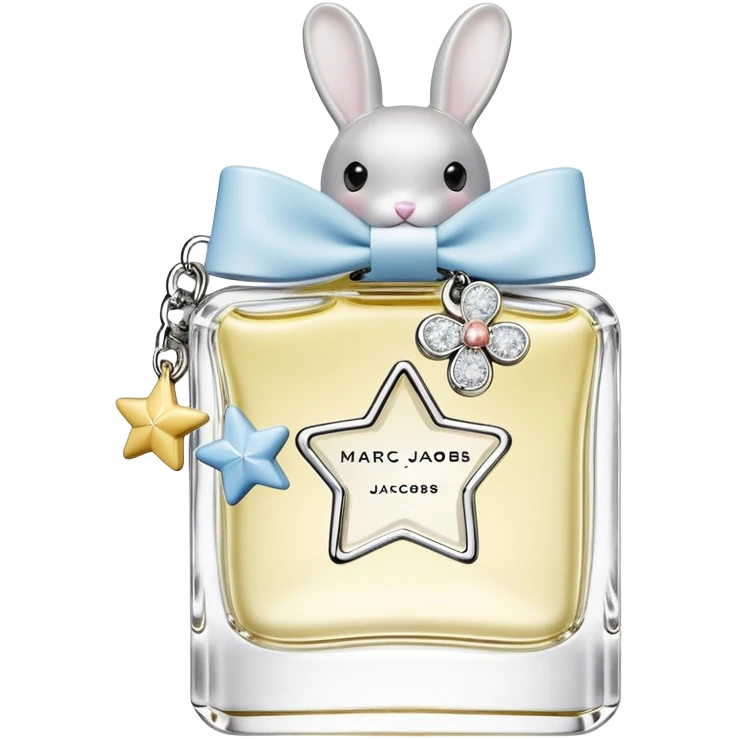 Create an emoji of a clear perfume bottle labeled ‘Perfect Marc Jacobs’ with a silver cap topped with fun charms: a silver star, white bow, yellow ring, blue rabbit, and domino tile. Soft pastel colors, cute and playful style emoji