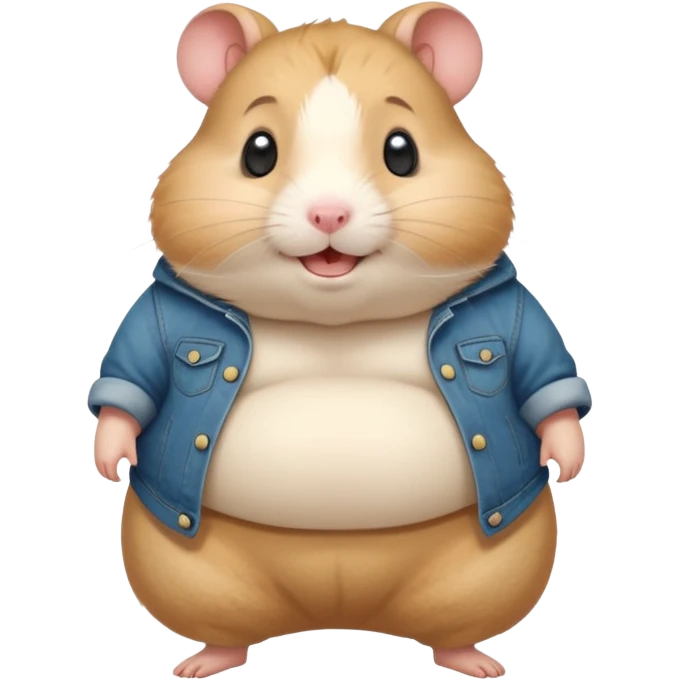 Cute chubby cartoon-style hamster wearing XXL pants that are WAY too big, proud and smiling expression. Painterly shading, white background, sticker-style illustration emoji