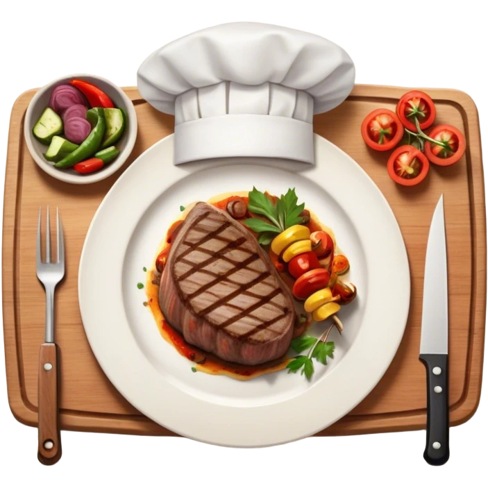 icon featuring a chef’s hat, a cutting board with fresh ingredients, a knife, a beautifully cooked ribeye steak, shashlik skewers, and a plate of food in the making. The design captures the passion of cooking with warm, inviting colors, and realistic textures. Transparent background. emoji