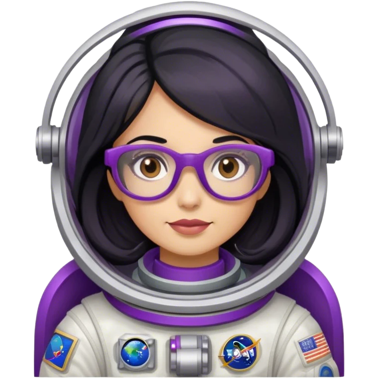 female astronaut with long black hair brown eyes and purple glasses emoji