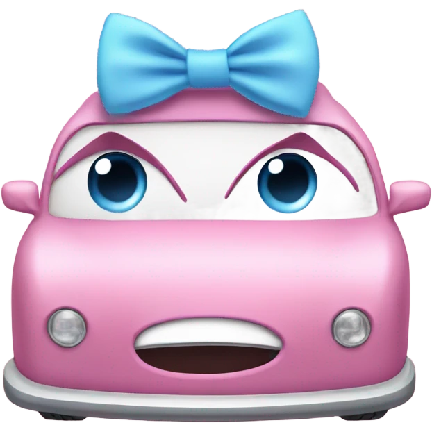 Car with light pink bow and blue eyes emoji