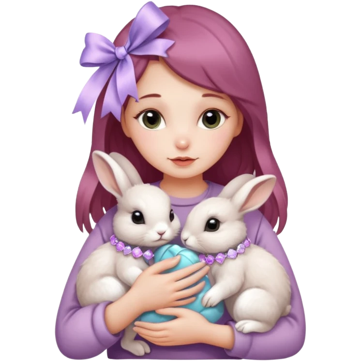 woman hugging baby rabbits with ribbons and crystals emoji