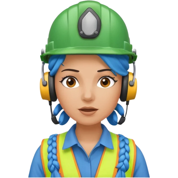surprised construction worker blue braided haired woman wearing green helmet and headphones emoji