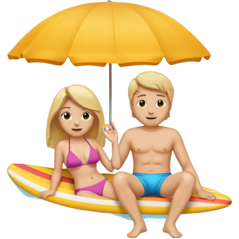 Ein Emoji, 2 personen am Strand: die Frau sehr schlank mit mittellangem, blondem Haar im Bikini, der Mann mit dickem Bauchz in Badeshorts. Beide sind im Ruhestand und liegen entspannt in Liegestühlen, um sich vom Stress des Rentnerlebens zu erholen mit sonnenschirm emoji