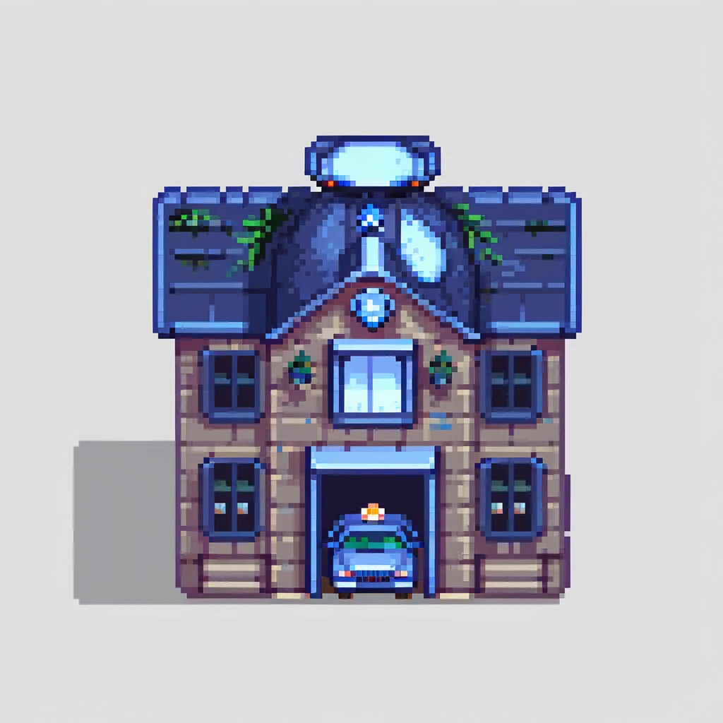 detailed police station building with police car parked outside, pixel art style emoji
