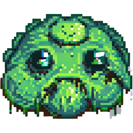 green slime with googly eyes melted on the floor, pixel art style emoji