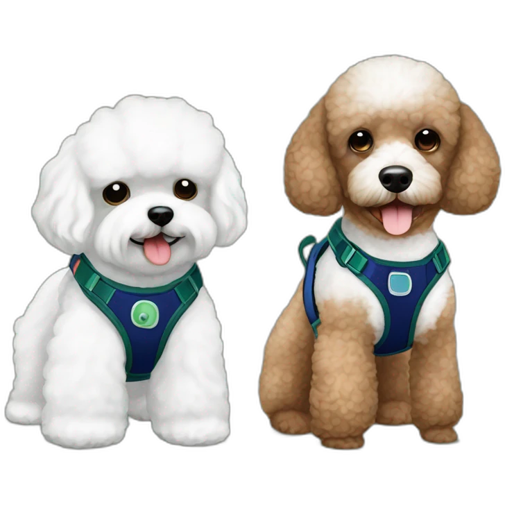 Brown toy poodle with teddy bear haircut wearing dark blue harness and all white Maltese wearing dark green harness emoji