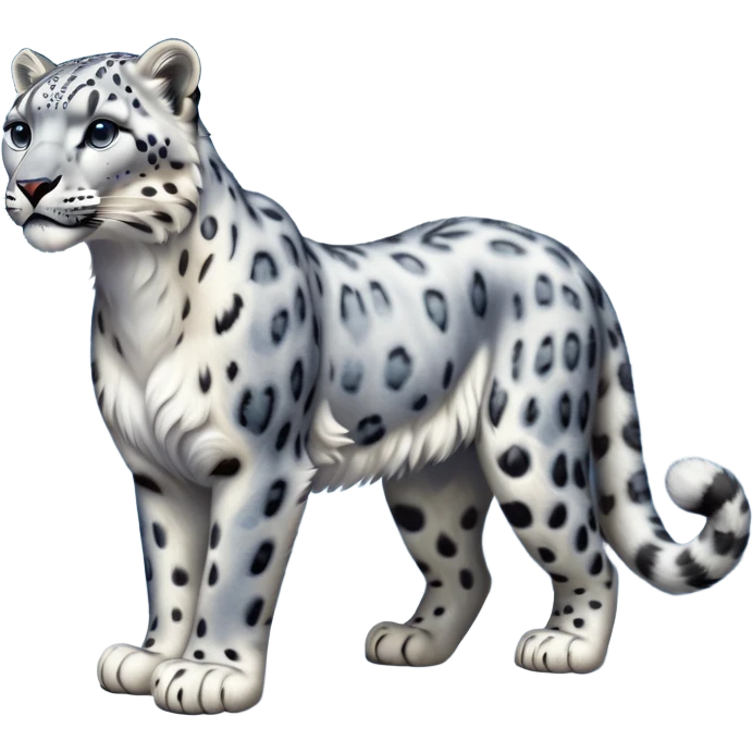 Cinematic-Snow-Leopard-Realistic-Full-Body-Standing-Emoji – Tail curled gracefully, head tilted dramatically, dense spotted fur shimmering in the cold mountain air, powerful yet elegant frame, simplified yet realistic focused features, highly detailed, glowing with an almost sarcastic glow. emoji