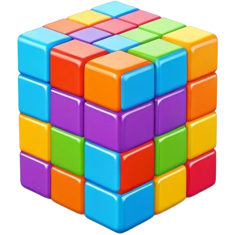 A 3D Tetris-style cube block with a smooth, glossy surface. Bright and vibrant colors, slightly reflective, with soft shadows. The cube should have a modern and playful look, resembling classic Tetris game aesthetics emoji
