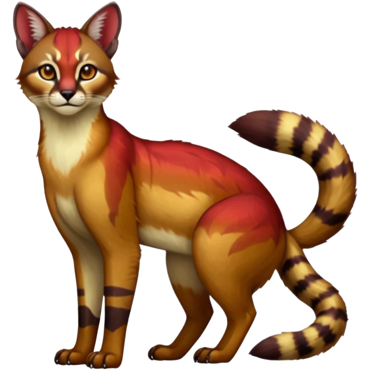 Dark gloomy red-golden-brownish-beige-gradients colorful painted marked patterned Asian glorious divine exotic cute cool beautiful shiny beautiful fantasy-caracal-civet-genet-sergal-vernid-Cacomistle-oncilla-animal-Fakémon-hybrid-fursona (full body) emoji