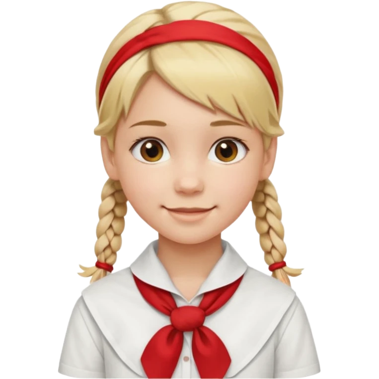 A Soviet pioneer girl emoji — smiling young girl with blonde hair tied into two short braids. She wears a white school shirt and a wide bright red pioneer neckerchief tied in a loose triangular knot at the chest (not a necktie). No suspenders, no jacket, no hat emoji