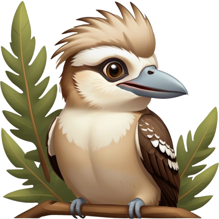 Cinematic Comical Kookaburra Portrait Emoji, Head tilted dramatically with an exaggeratedly amused expression, featuring a strikingly patterned brown and cream plumage with wide, expressive eyes filled with playful disbelief, Simplified yet hilariously expressive features, highly detailed, glowing with a slightly sassy glow, high shine, dramatic yet playful, stylized with an air of cheeky bushland mischief, bright and endearing, soft glowing outline, capturing the essence of a spirited and over‐the‐top kookaburra, so meme‐worthy it feels like it could cackle its way into internet fame instantly! emoji
