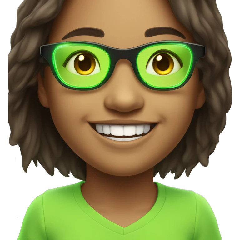 An emoji of a cute, long-haired brunette girl wearing neon green glowing glasses, smiling warmly with a cheerful expression emoji