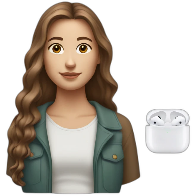 young white woman, brown long hair with reflections wearing airpods max emoji