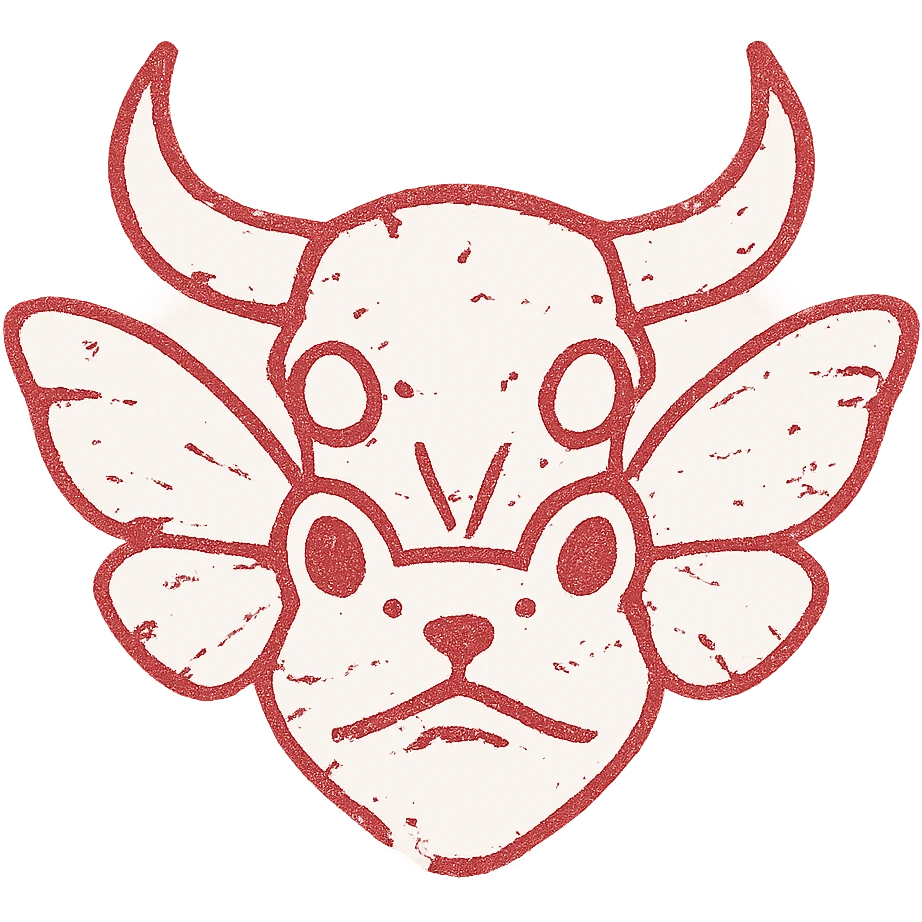an extremely distressed red line art icon of a hybrid head with minotaur skull, stoat features, frog elements, and moth wings, with severely incomplete perimeter, numerous missing lines around the edges, parts appearing to fade away entirely, extremely weathered with large gaps, torn sections, and heavily eroded appearance, minimal thin red lines only emoji
