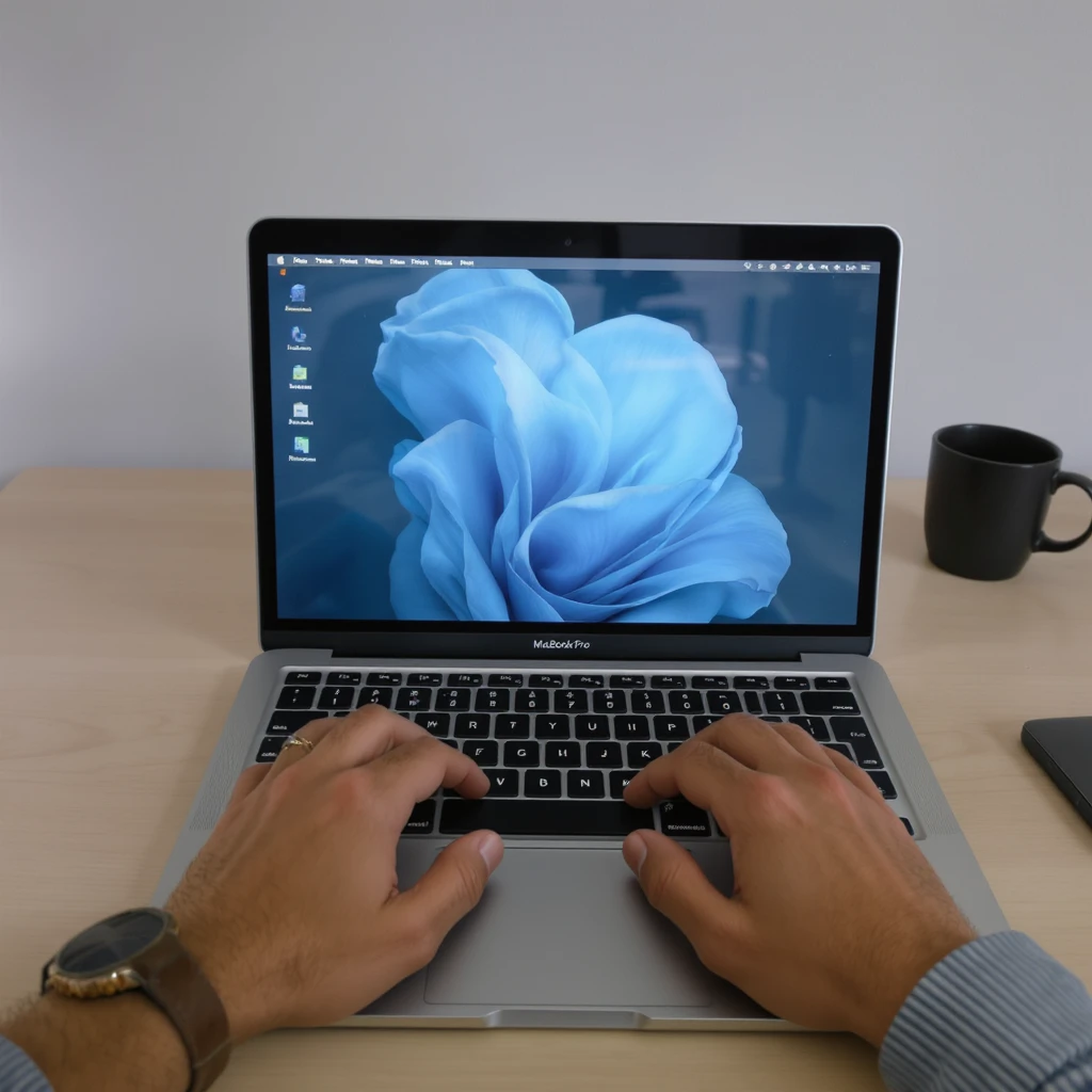 POV shot, Man writing on macbook pro keyboard, minimalistic environment emoji