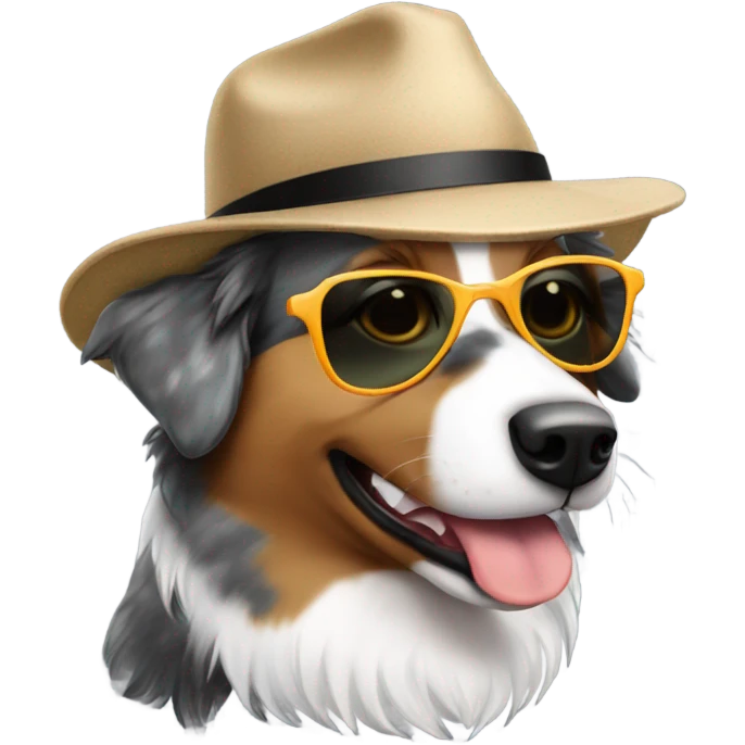 Australian shepherd wearing a hat and sunglasses emoji