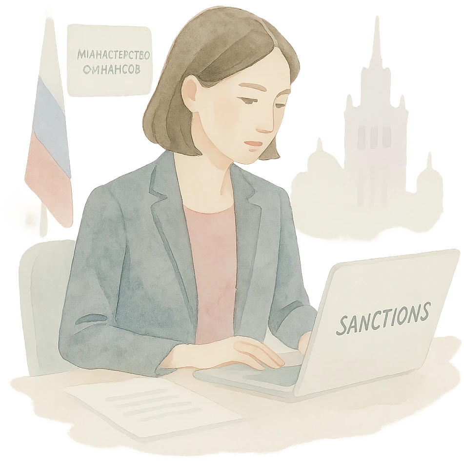 Russian Ministry of Finance employee dealing with sanctions, soft colors, professional attire, focused expression, office background, subtle Russian architectural elements emoji