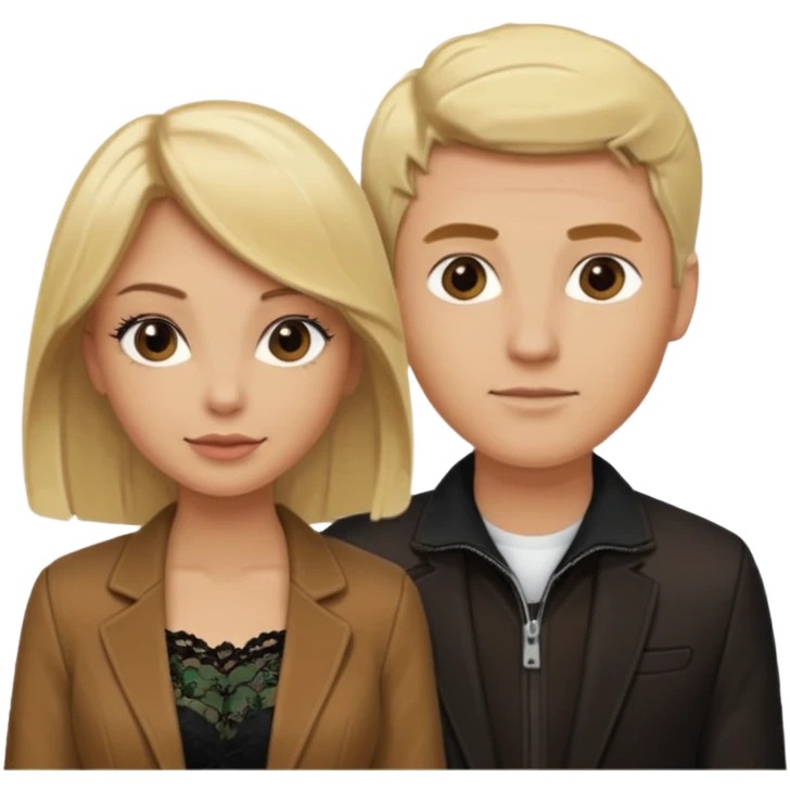 Love tan woman blonde hair and black lace  with blonde man Brown shade jacket emoji