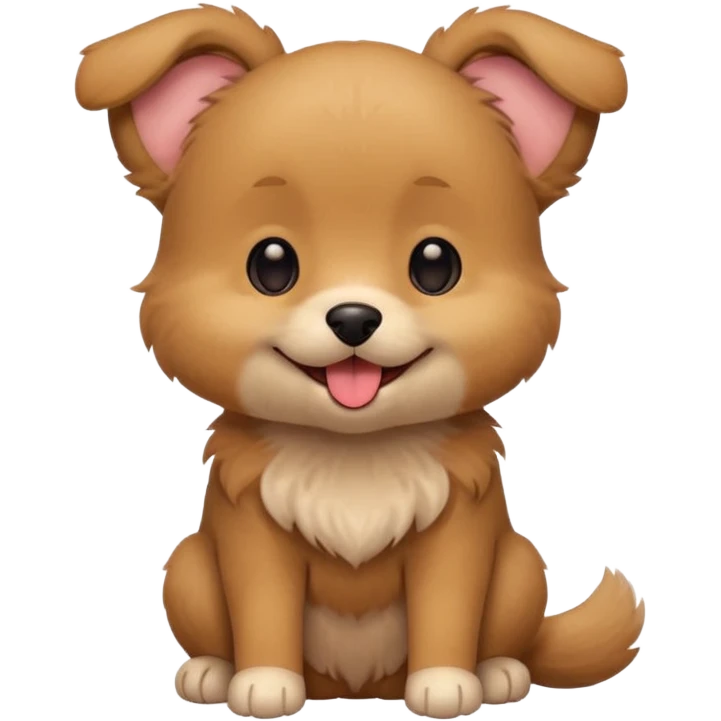 Cute small brown fluffy dog emoji icon. Round face, short muzzle, light brown fur with slightly darker ears, small black nose, happy smiling expression with tongue out. Soft friendly eyes, sitting pose with front paws together. Simple clean vector style, minimal details, kawaii style. emoji