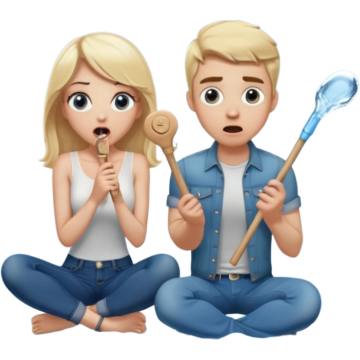 blond woman sitting on her knees with wide eyes, another man in jeans is staying (not sitting) on her left, she's holding a wide skin-colored stick with a D-shaped knob, the stick and the nob have skin texture, water squirting from the knob into her mouth, shocked face emoji