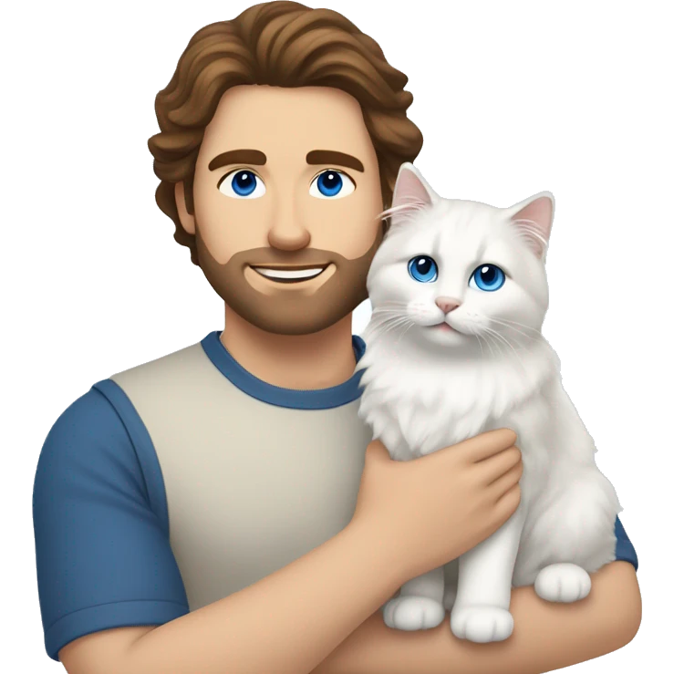 Man with brown hair and holding a all white Siberian cat with blue eyes emoji