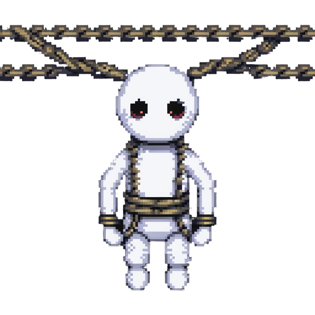 A pixel art character wrapped up in rope like a mummy, looking silly with just eyes visible emoji