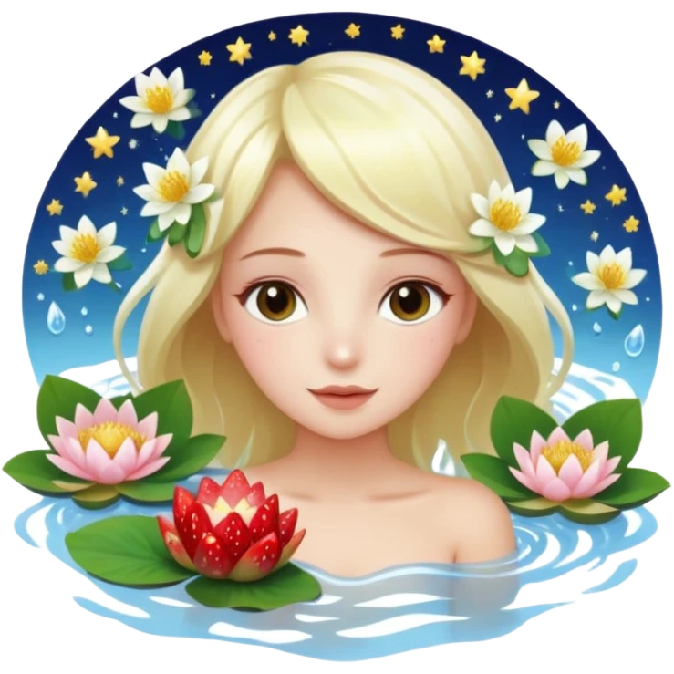 a beautiful girl mix with  watel lili and  Strawberries  being born with an nenuphar on her light hair on stars  emoji
