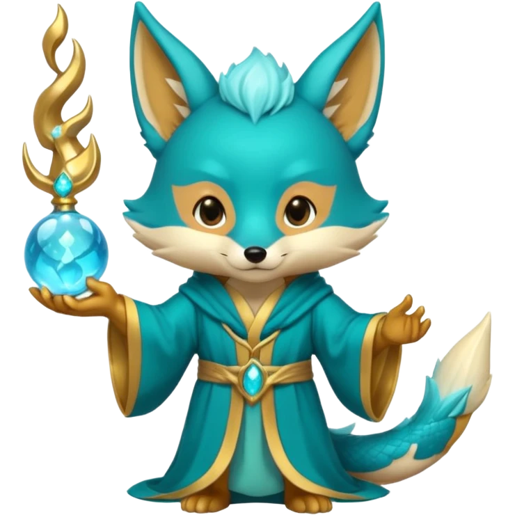 Chibi teal fox with gold mark on forehead, teal-gold robe, holding glowing blue water orbs, with a dragon tail on its backside with small antler horns on its head emoji