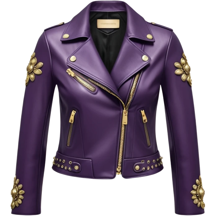 Alexander McQueen brand Cropped midnight plum color leather detailed jacket for women with silver and gold metallic chrome, gothic edgy style embellishments. 8k, 5000x5000px, 3D rendering, realistic, isolated still life, no emoji faces no emoji icons no human figures  emoji