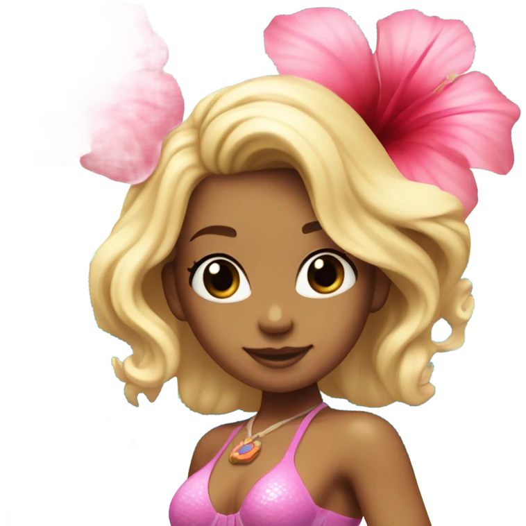 Mermaid with blonde hair, light blue tail and bra and a pink hibiscus flower in her hair emoji