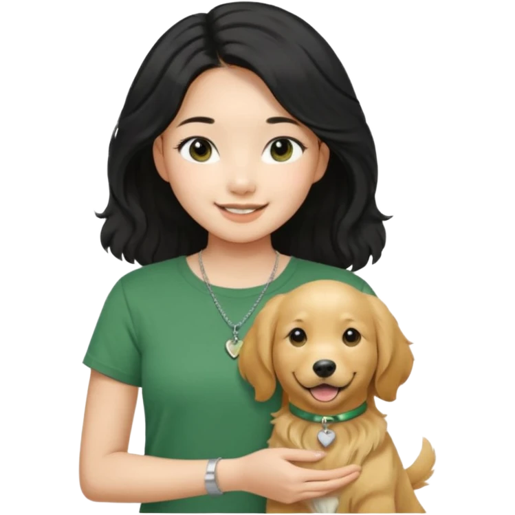 An asian girl wearing a tender green round-neck T-shirt, a thin silver necklace , long black and straight centre part hairstyle, slightly curly hair, smiling, holding a golden retriever emoji
