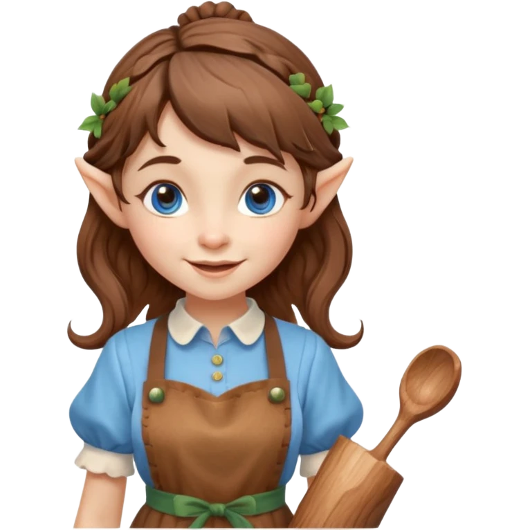 Kind happy whimsical quirky Girl toymaker, wood carving elf. Woodland creator. Blue eyes. brown hair (just below chin length) wavy hair & bangs. Whimsical playful cute emoji