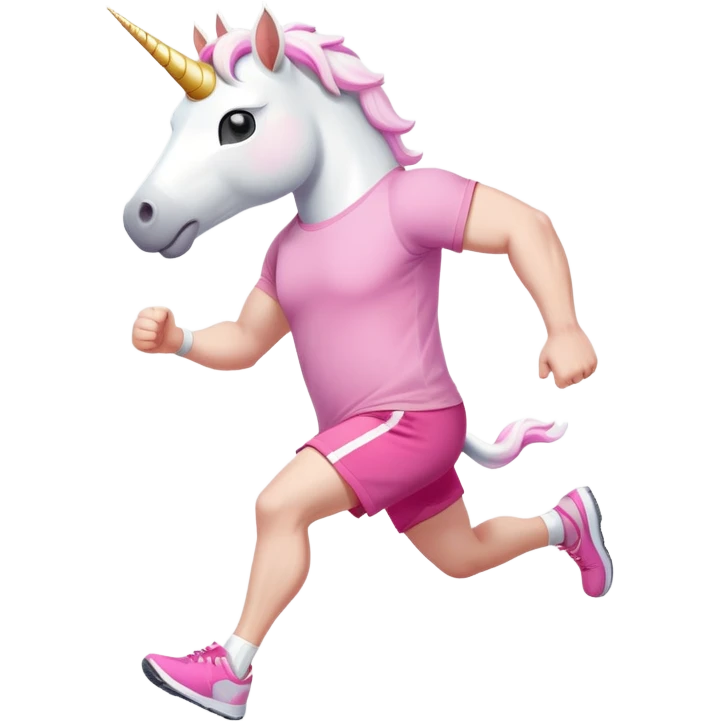 friendly anthropomorphised male white unicorn with a stocky, strong build, white arms and legs, wearing grey shorts and pink t-shirt, dark sunglasses, jogging upright in a standard pose emoji