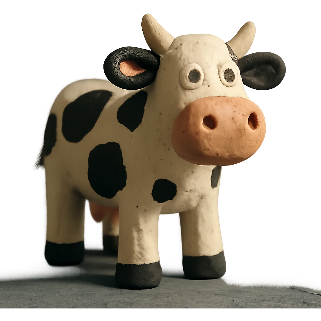 claymation style cow with black and white spots emoji