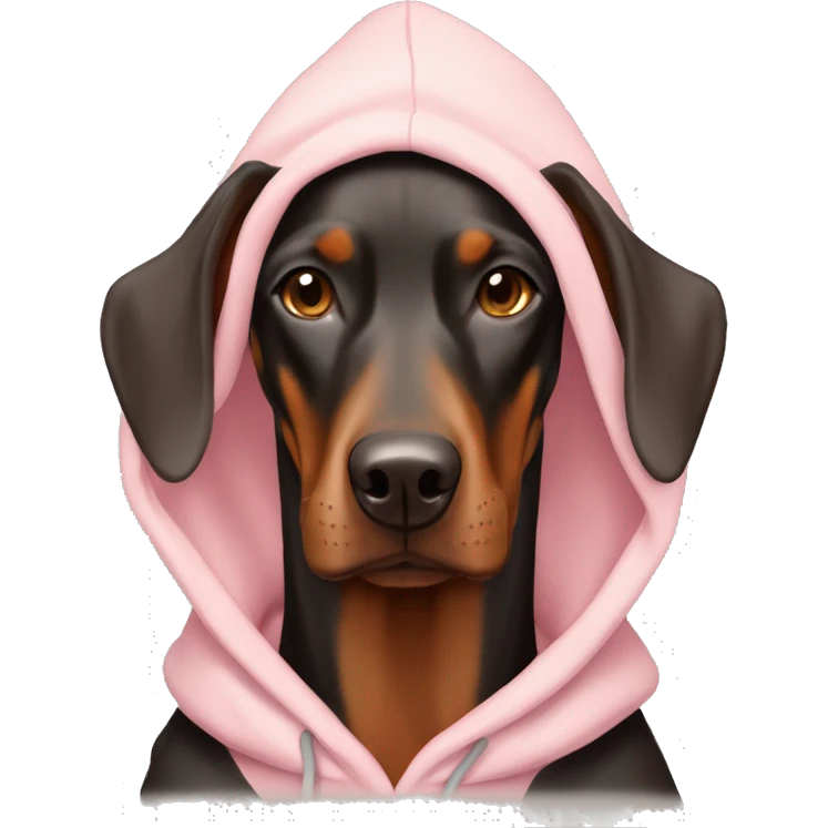 A red and tan female American Doberman wearing a pale pink hoodie emoji