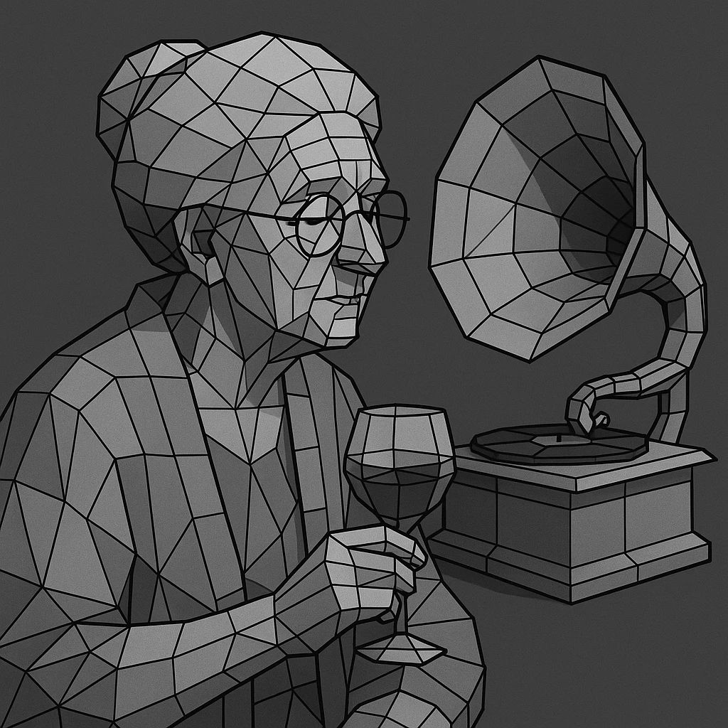 old lady with wineglass listening to gramophone emoji