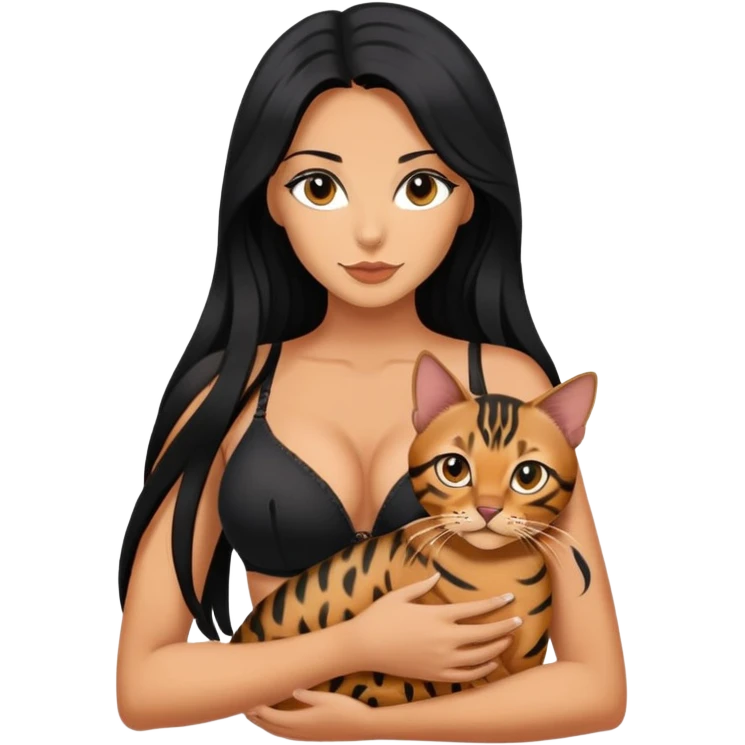 woman holding bengal act, black long hair tanned woman, black bra emoji