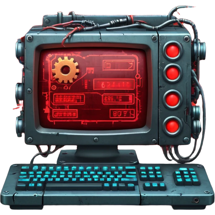 Old cyberpunk computer filled with junk drives and corrupted code, glowing error lights, sparks flying as gears grind and malfunction, interface full of broken UI elements and trash icons, dark gritty sci-fi setting, detailed close-up emoji