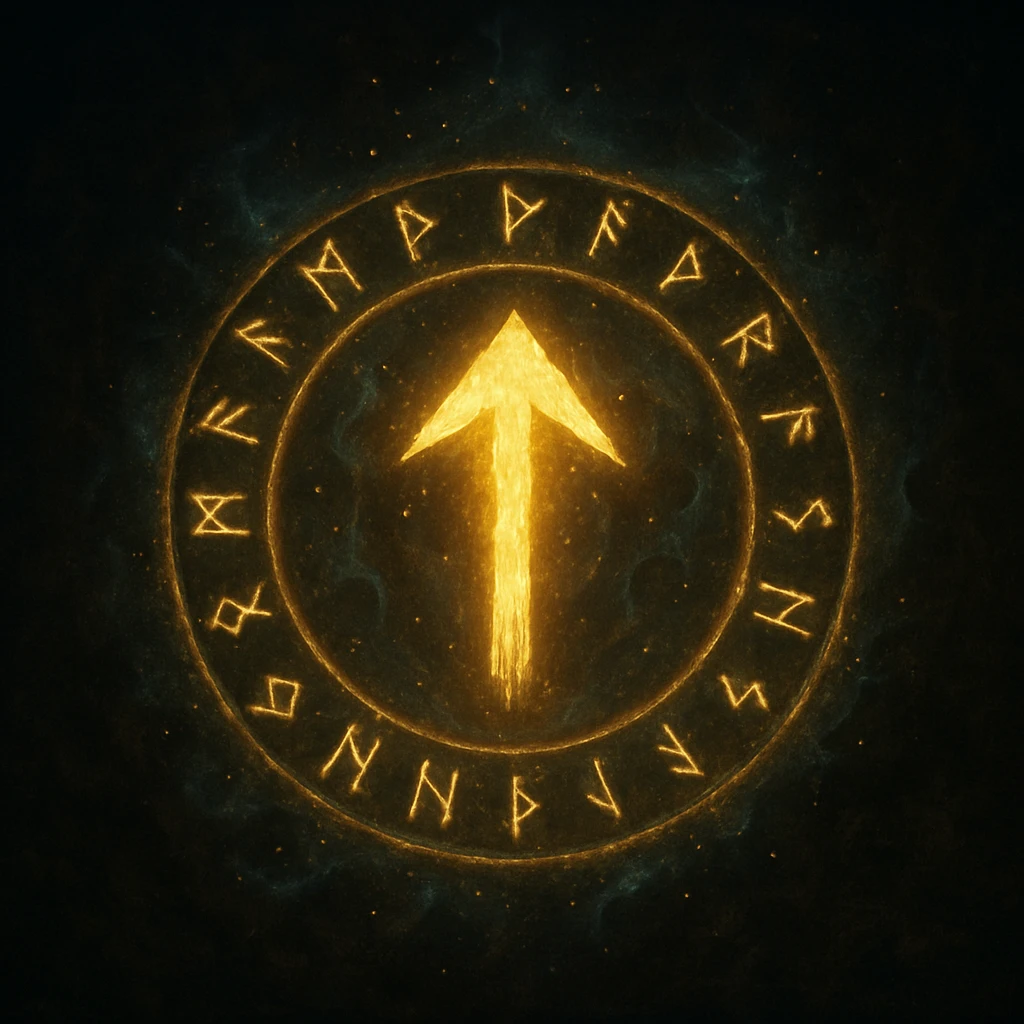 up arrow in a circle, talismanic style, ancient runes and glowing effects, mystical, enchanted emoji