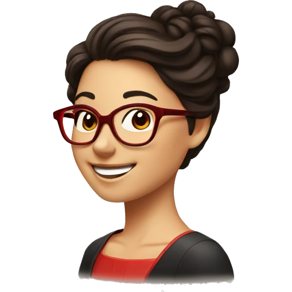 person with dark brown hair with a pronounced bust, updo and hair with red glasses, perfect smile, smiling in profile, with thoughts about chemistry emoji
