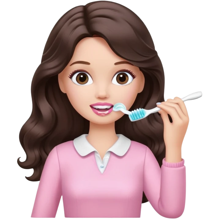 A white barbie girl with long dark brown wavy hair in pale pink clothes brushes her teeth emoji