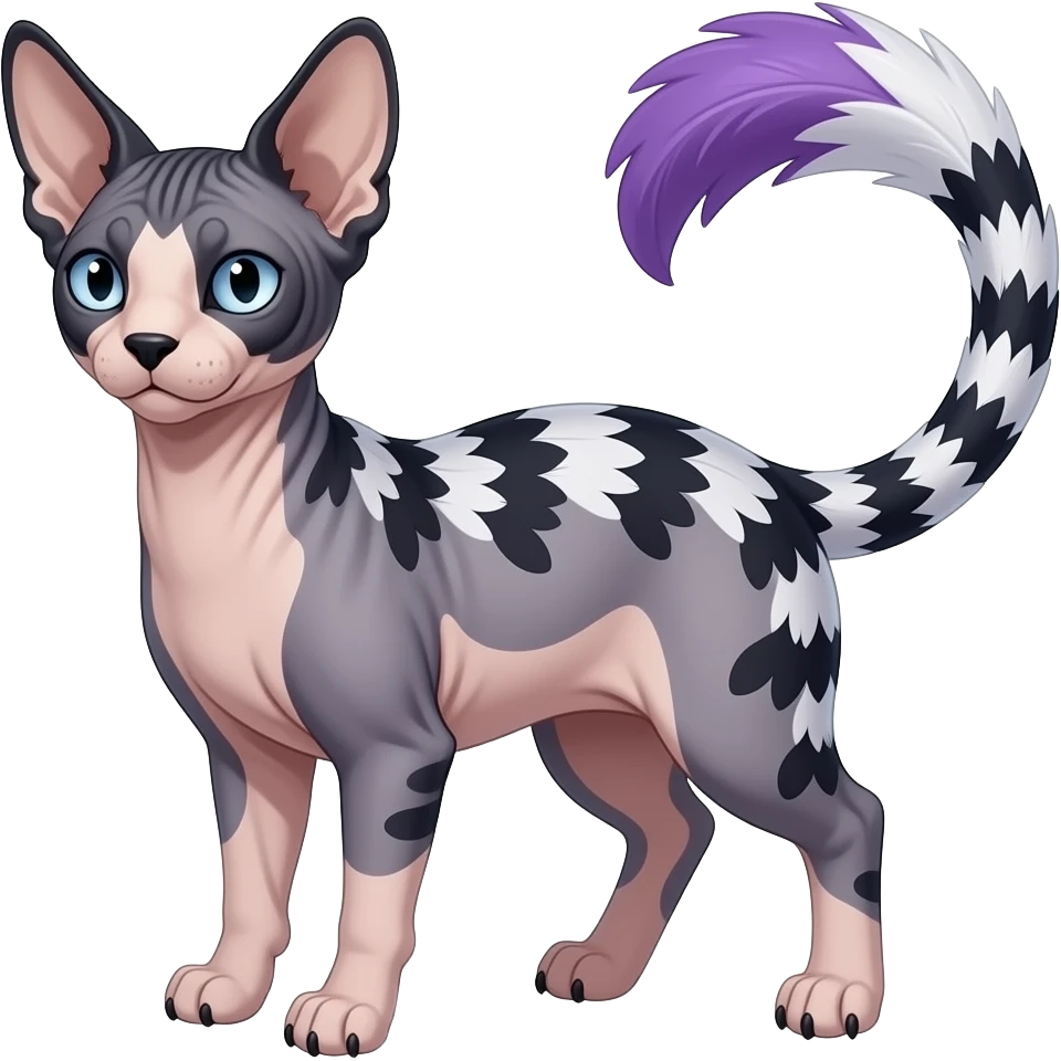 Furry, fluffy tropical flecked painted feathery scaly, Purple, white, black, Minccino-Sphynx-Lykoi-Linoone-Zangoose-fusion-hybrid-animal-Fakémon-creature, full body, thin long sleek scaly tail, intricate markings emoji