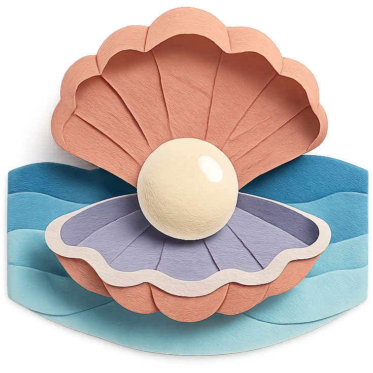 clam with a large pearl, ocean background, layered paper effect, paper-craft style emoji