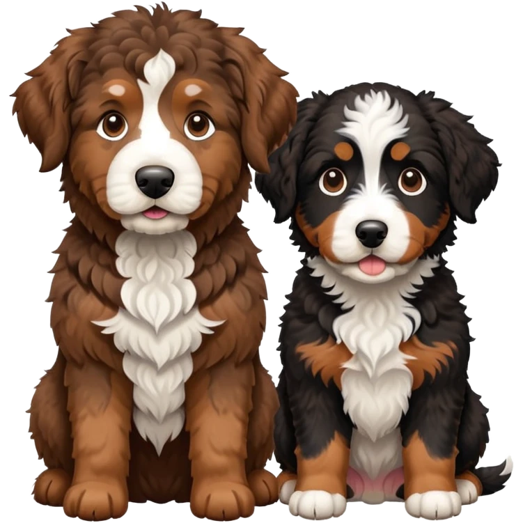 2 dogs, one is a brown Aussie doodle. the other is a black Berenedoodle with white eyebrows . Make both same size emoji