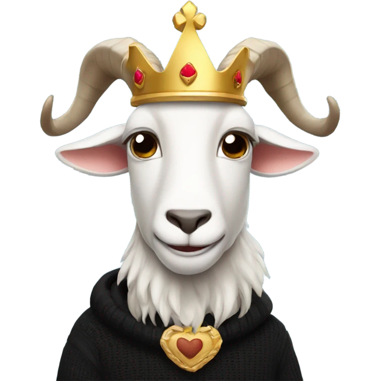 Goat with horns wearing a black sweater and big royal crown emoji