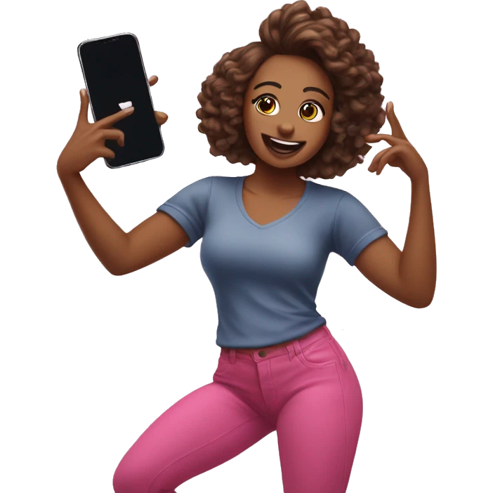 An emoji of a woman recording a TikTok dance video, holding a smartphone, mid-dance with a confident pose emoji